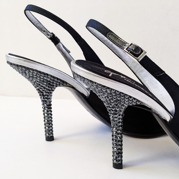 Giuseppe Zanotti Black Crystal Embellished Satin Slingback Pumps - Picture 14 of 16
